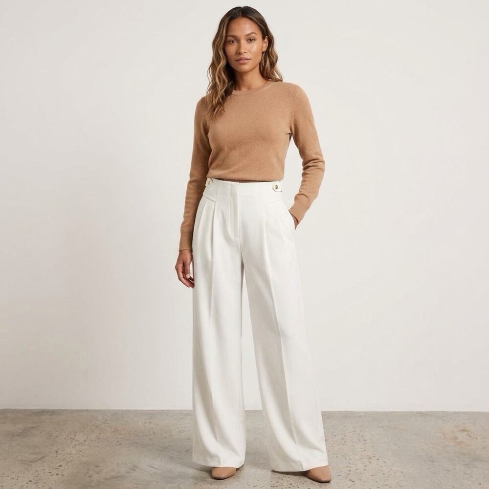 Halara Wide Leg Trousers Womens Medium White Waffle Pleated Pull On Comfort Wear